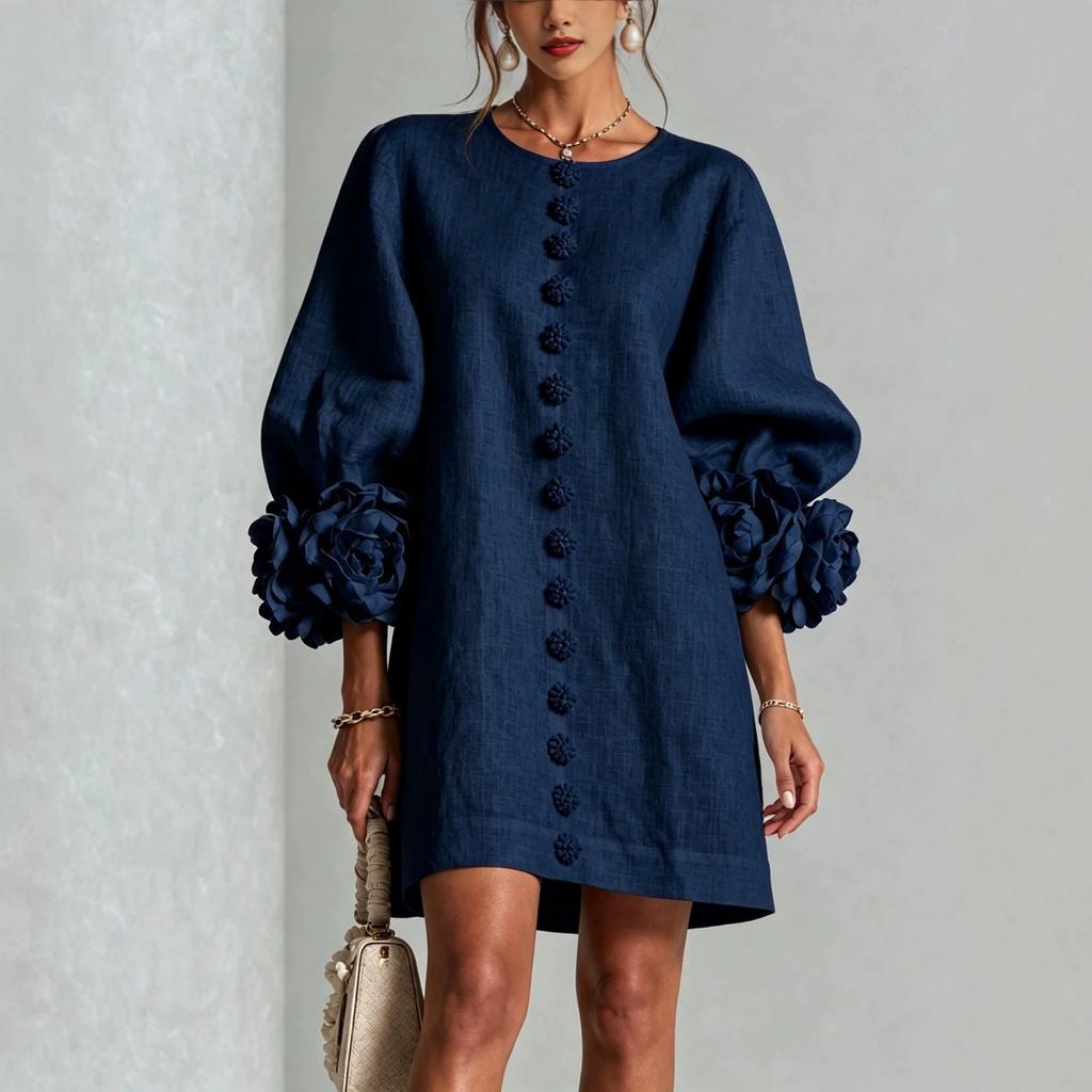 French Style 3D Floral Cotton Linen Dress, Lantern Sleeve Round Neck Single Breasted Loose Slimming Vacation Mini Dress