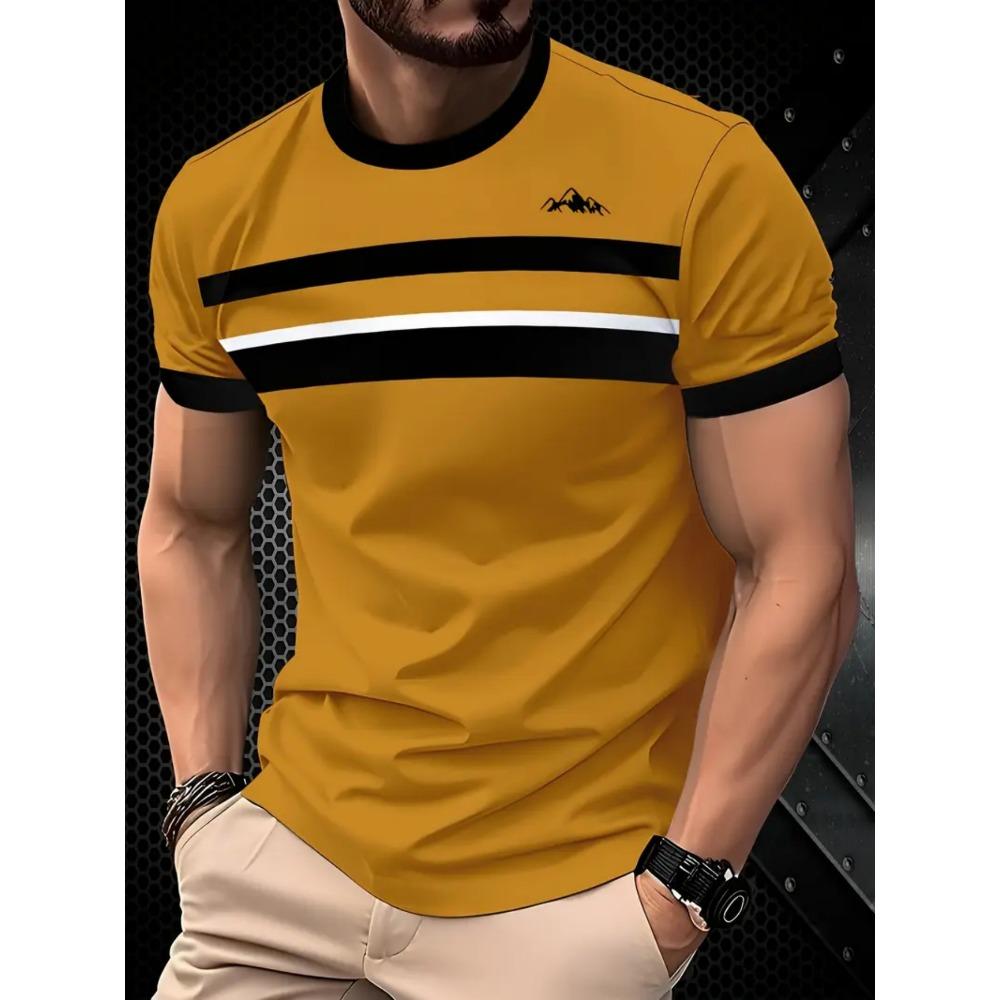 3D printed color striped men's T-shirt with anchor pattern short sleeved T-shirt