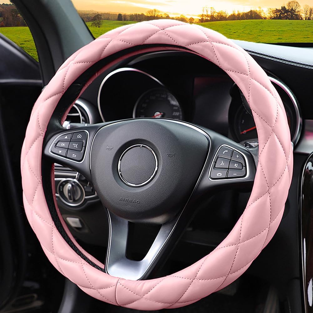 Soft Microfiber Leather Steering Wheel Cover, Universal 15 Inch For Women Girls, Fit Vehicles, Sedans, SUVs, Vans, Trucks - Light Pink