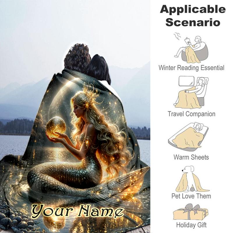 1PC Custom Name Mermaid's Moonlit Dream flannel blanket versatile,all-season throw suitable for the living room,bedroom,camping,travel,and gift