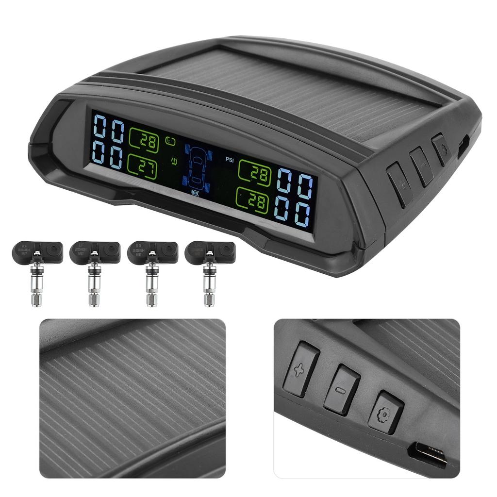 Wireless Tire Pressure Alarm Monitor Solar USB Power TPMS Digital LCD Display Sensor