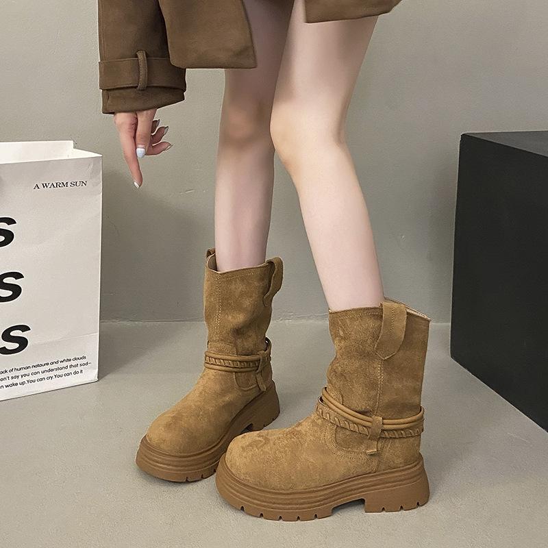 

French thick heel round head suede pleated piled boots 2025 new autumn temperament fashionable and thin versatile short boots women 40