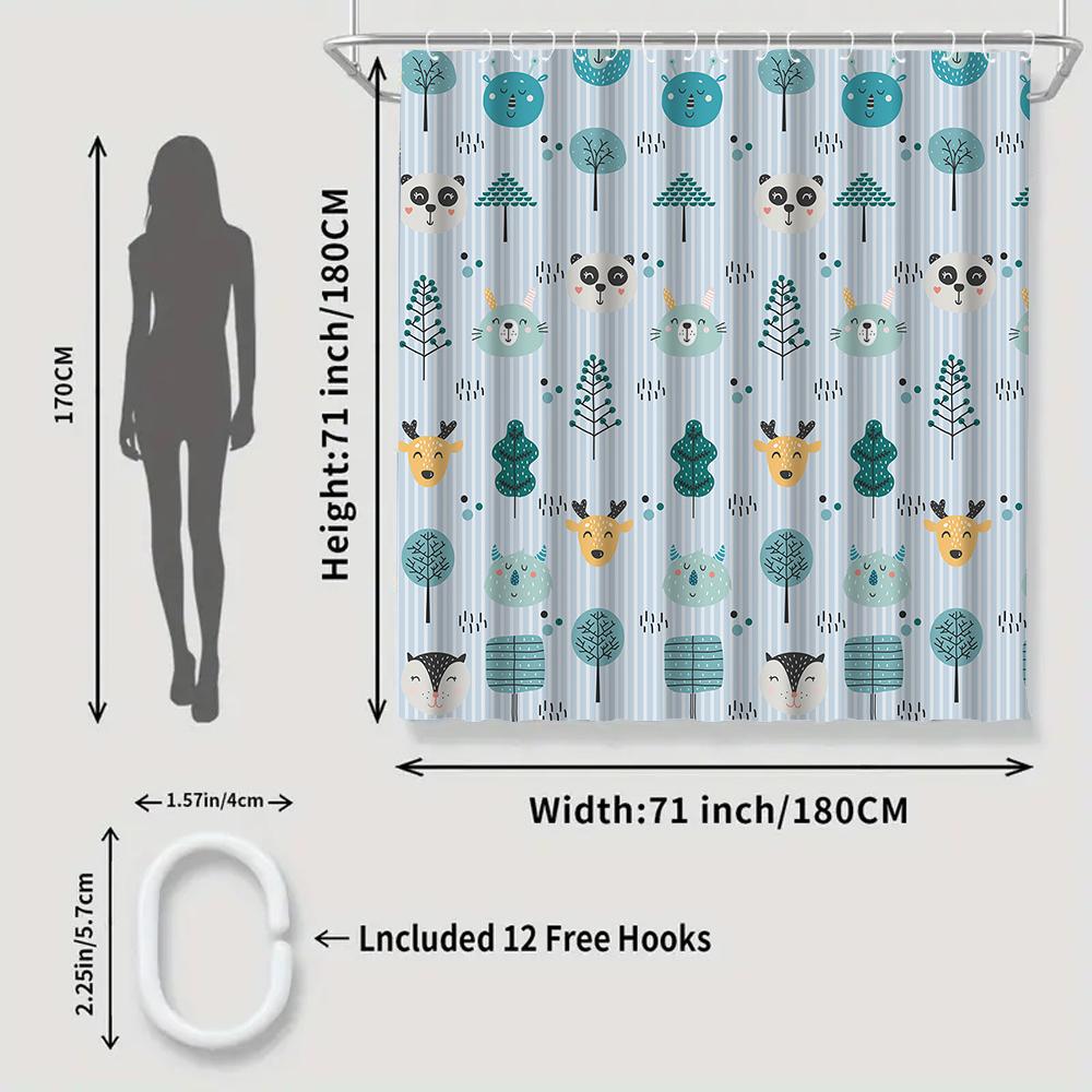 1/4 Simple animals shower Curtains, Toilet Seat Decoration, Shower Curtain with Carpet and Toilet Lid, 12 70.8x70.8 inch Hooks