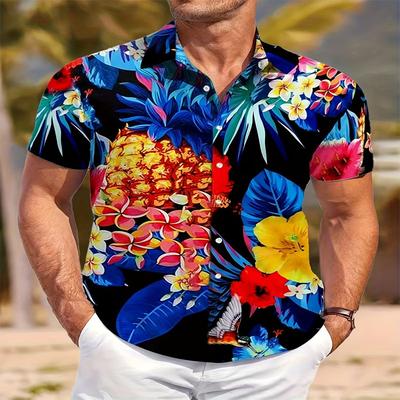 Summer Men's Casual Shirt Beach Vacation Short Sleeved Button Up Shirt Digital Print Color Pineapple Pattern Lapel Formal Wear