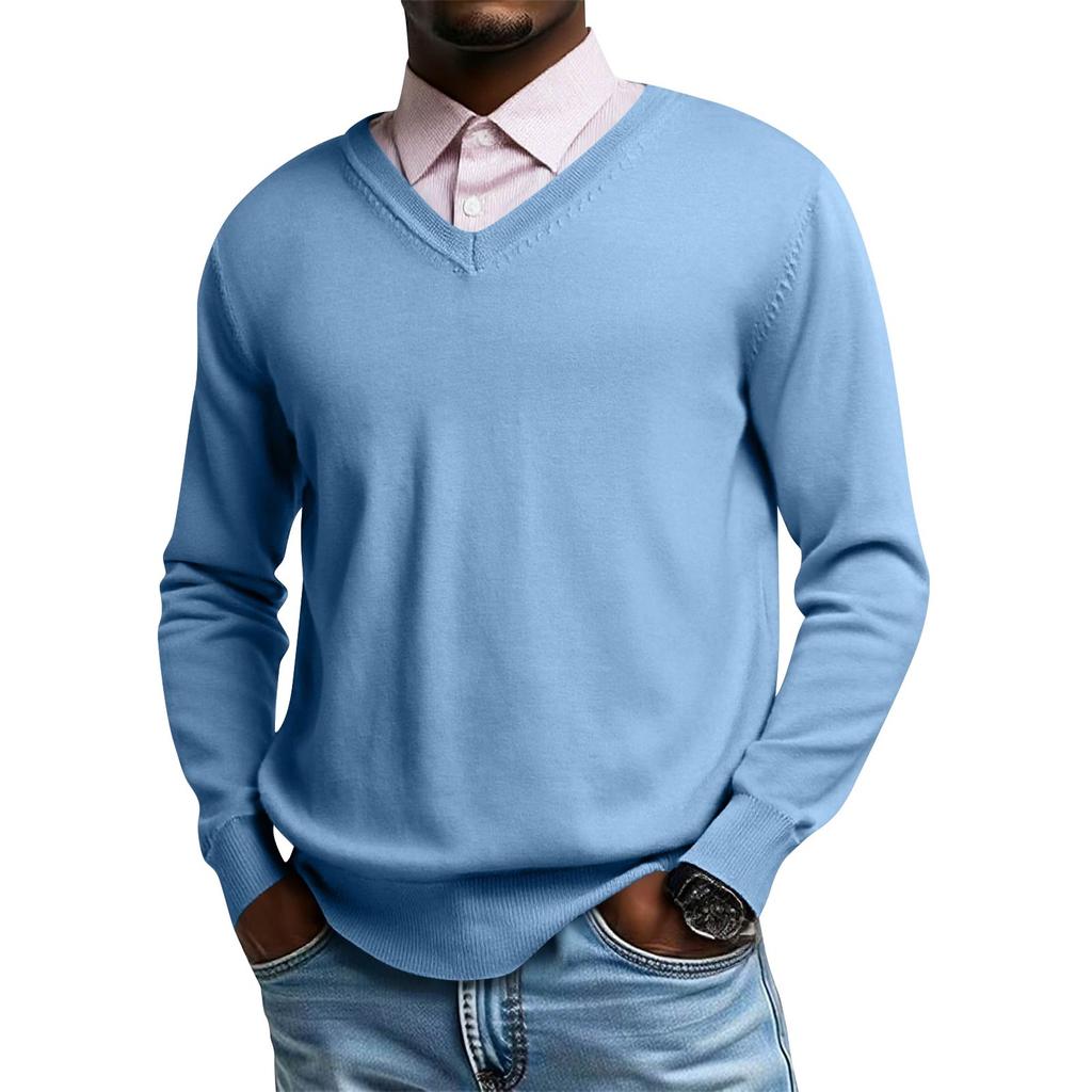Męski dzianinowy top z dekoltem V i długim rękawem, codzienna wygoda, bluzka z długim rękawem