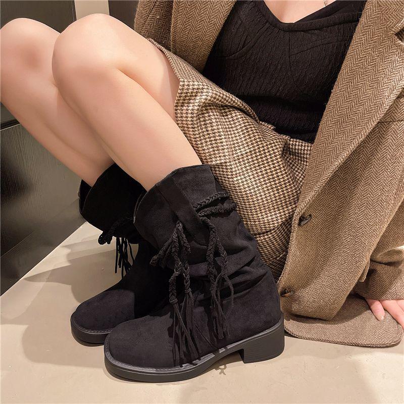 Women's Retro Post-Apocalyptic Western Tassel Boots – 2025 Autumn/Winter Long Slouchy Mid-Calf Style
