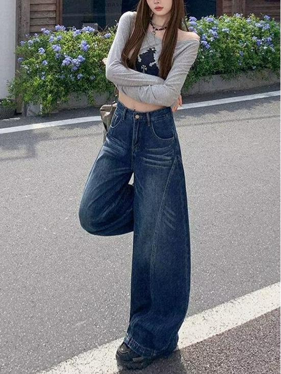 Cross-Border American Retro Washed Denim Wide-Leg Straight-Floor-Length Women's Pants