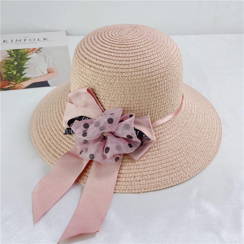 Bucket hat trendy breathable sun protection sun bow hat women's summer big brim straw hat shade beach hat