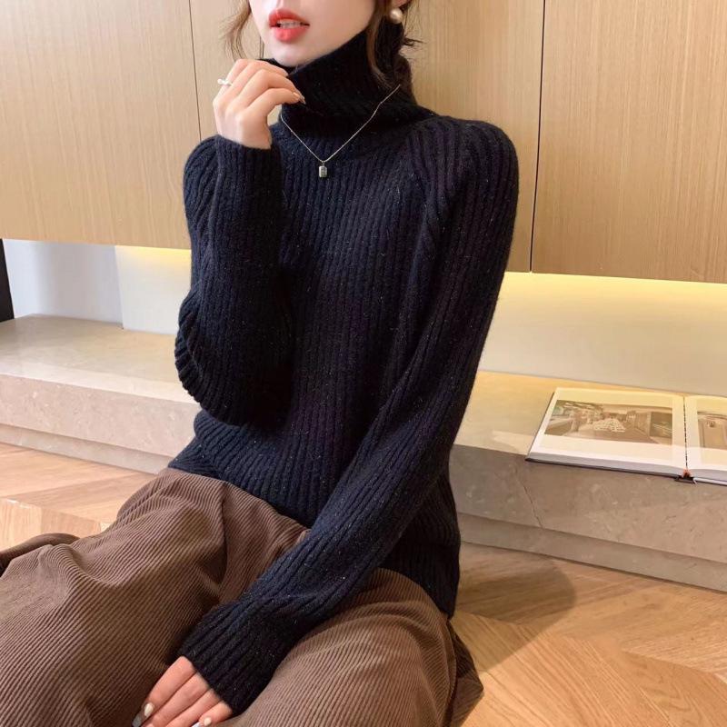 Women's Slim-Fit Ribbed High Neck Sweater - Solid Color Knit Top for Autumn/Winter