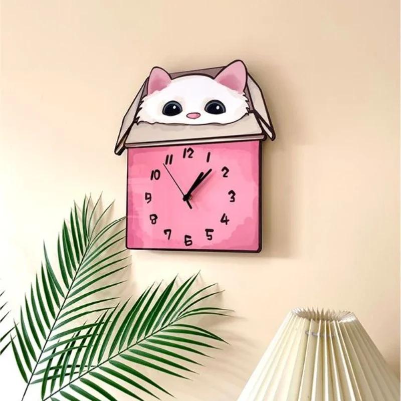 Kawaii Cartoon Cat Clock - Noiseless Acrylic Wall Decor for Bedroom & Kids Room