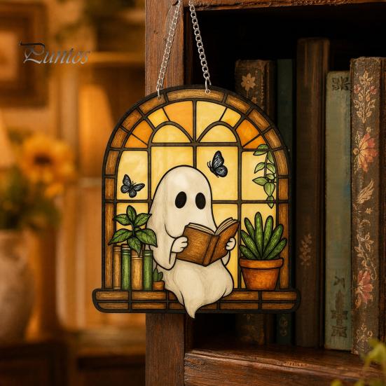 Window Suncatcher Decoration Halloween Ghost Reading Sun Catcher, Stained Glass Style Hanging Double-sided Translucent Ornament, Cute for Home Garden
