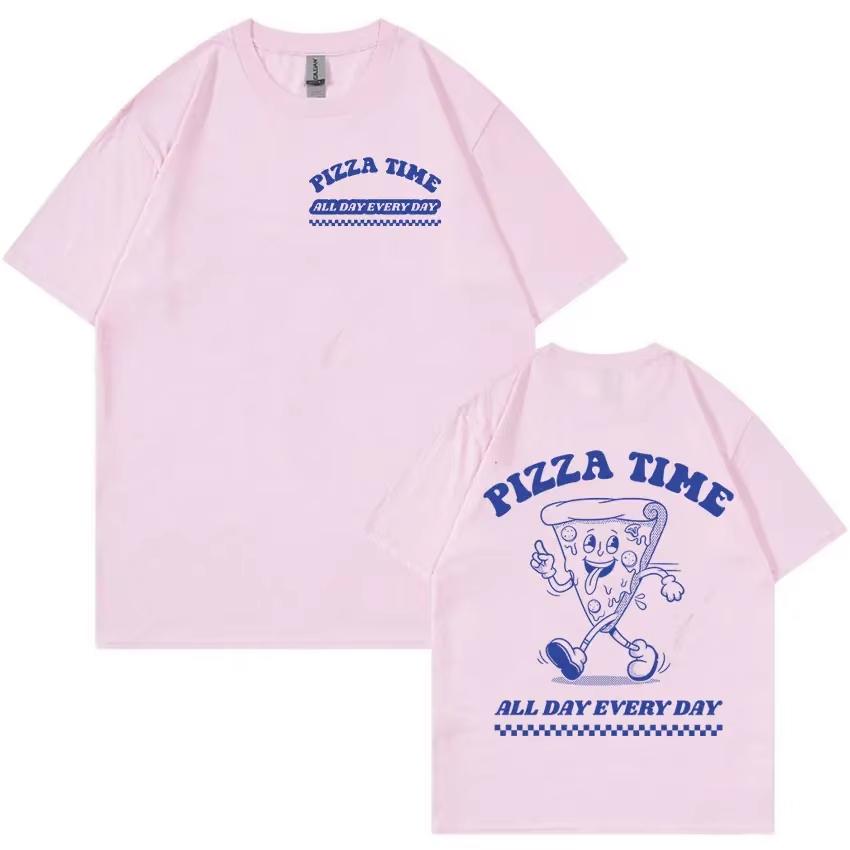 Summer New Pizza Time All Day Meme Printed T-shirt For Men Retro Harajuku Short Sleeved Cotton Tees Casual Oversized Unisex Tops