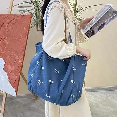 Pure Color Denim Large Capacity Tote Bag Fashion Bow Tie Pattern Shoulder Women's Bag Winter Casual Travel Shopper Handbags KTB