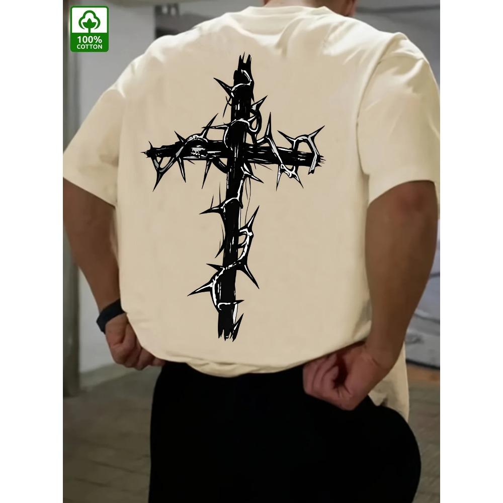 Tricou de vară pentru bărbați, 100% bumbac, confortabil, casual, larg, mărime plus, creativ, cu model încrucișat imprimat, gât rotund, mânecă scurtă