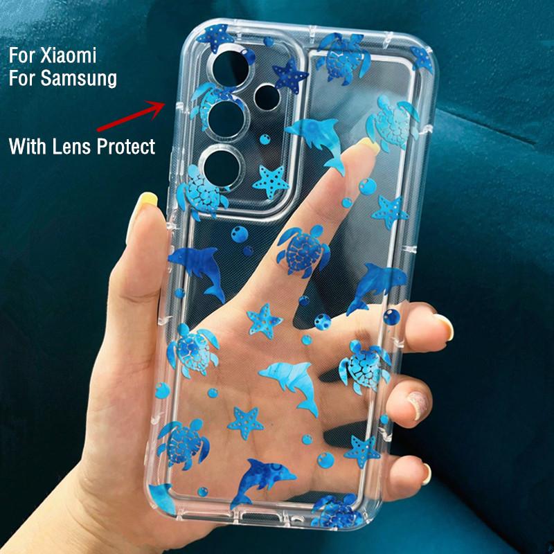 Clear Starfish & Dolphin Pattern Phone Case For  13T 12T 11T Mi 14 13 12 11 Lite 5G NE Poco X3 Pro Anti-Shock Airbag Cover