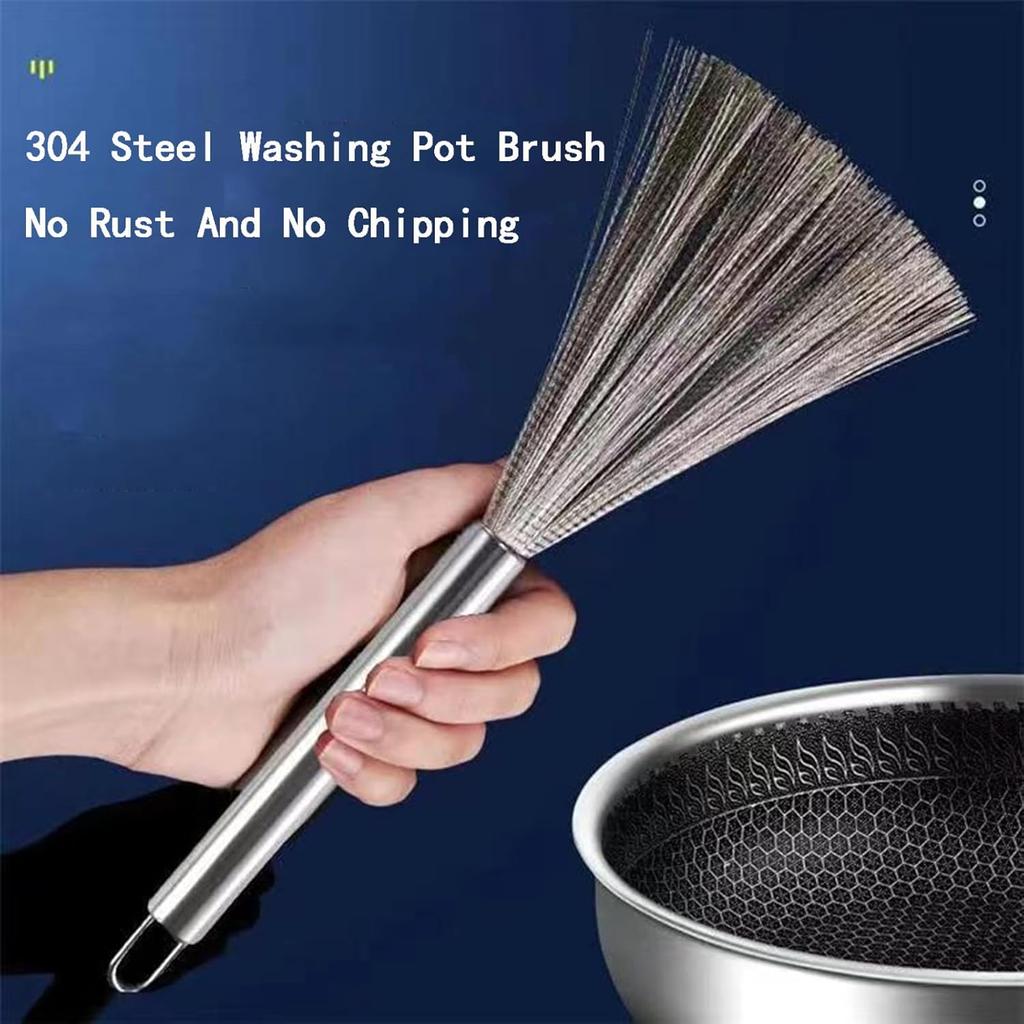 2Pcs Pots and Pans Clening Brush, Stainless Steel Scrubber Brush for Cookware Long-Handled Sink Cleaner Brush-2Hooks