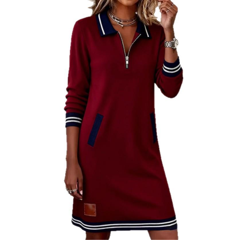 Autumn 2025 Women's Color Block Lapel Zipper Pocket Dress