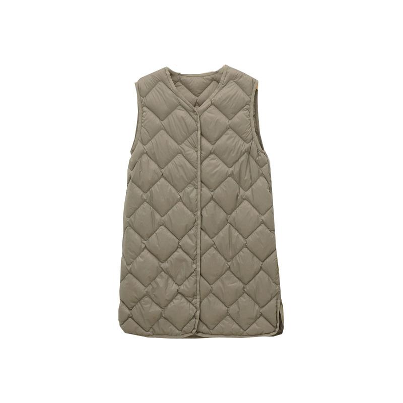 FASHION 2024 winter new medium and long down vest women's coat with collarless V-neck liner rhombus light vest Clothes