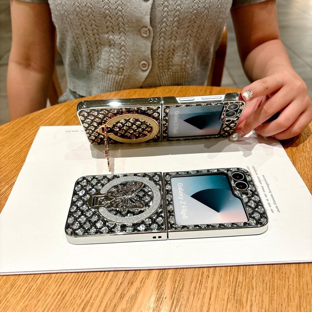 Electroplated Magnetic Leather Phone Case for Samsung Z Flip 6 5 4 3 Flip6 Flip5 Flip4 Flip3 Butterfly Bracket Protective Cover