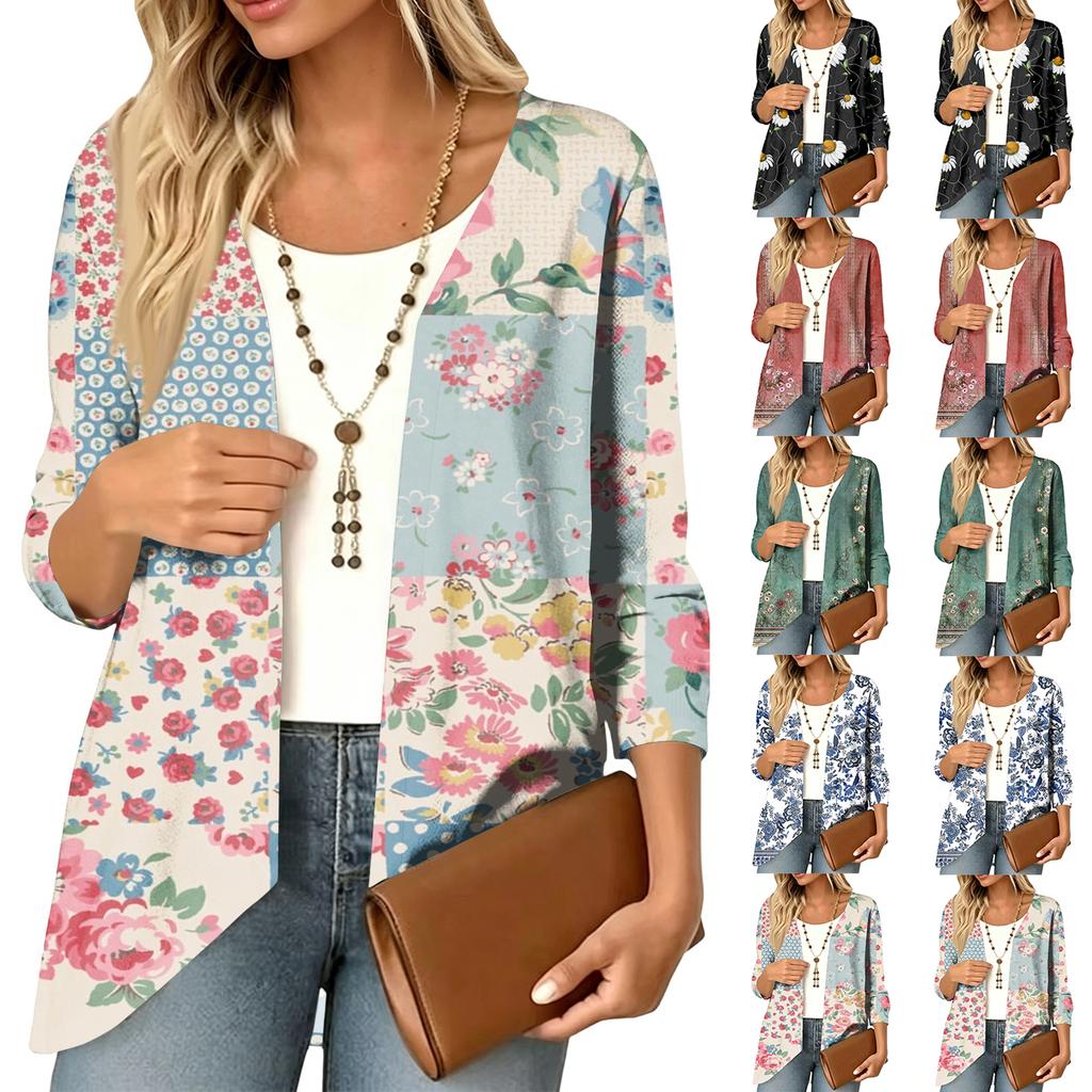 Women's Vintage Floral Print Three-Quarter Sleeve Cardigan Casual Loose Fit Lightweight for Spring Summer