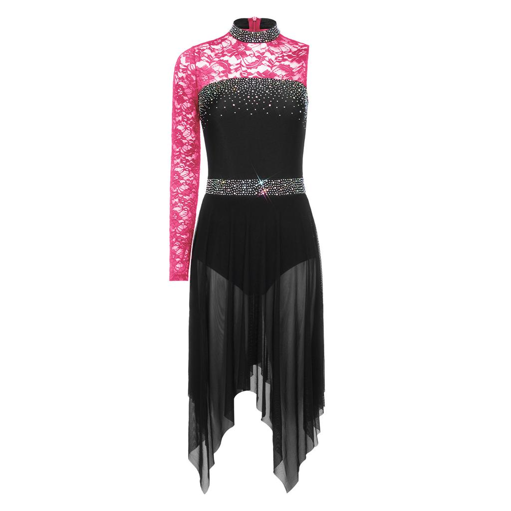 Womens Lyrical Dance Asymmetrical Bodysuit Dress Single Long Sleeve Floral Lace Irregular Hem Skirt