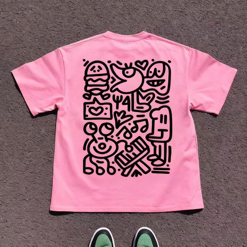 2025 Autumn Cotton Short Sleeve T-Shirts Fashion Cute Cartoon Print Round Neck Breathable for Oversized Casual Loose Unisex Top