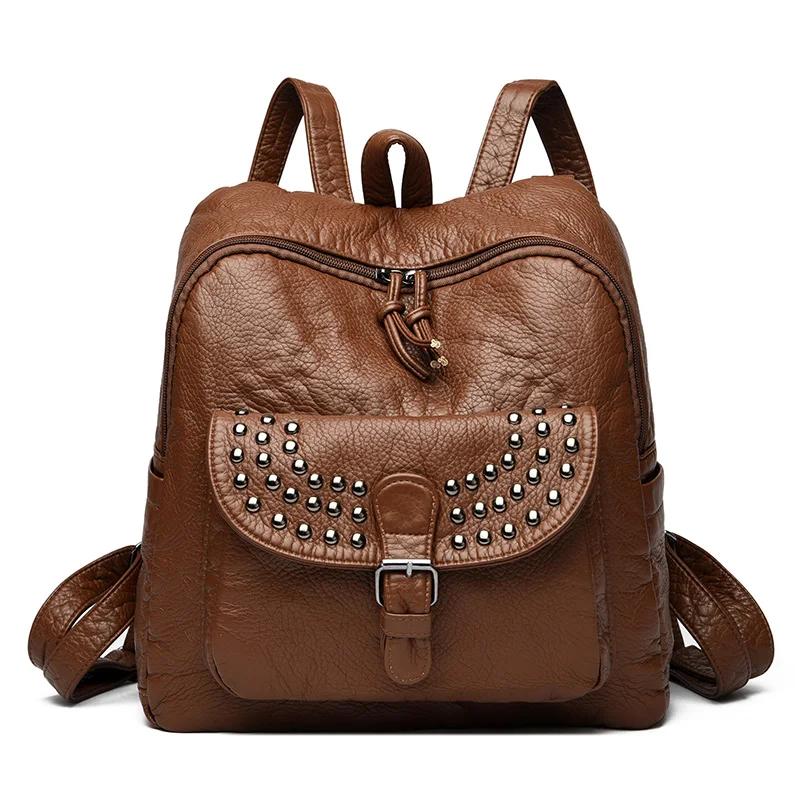 2025 Soft Leather Women Backpacks Rivet Multifunctional Shoulder Bags Female Retro Travel Teenage Girl Fashion Schoolbag