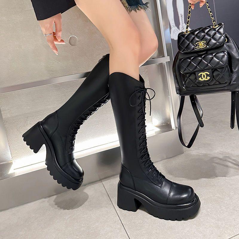 V-mouth thick-soled versatile boots for women 2025 autumn and winter looking thin thick heels but knee knight boots high boots tide