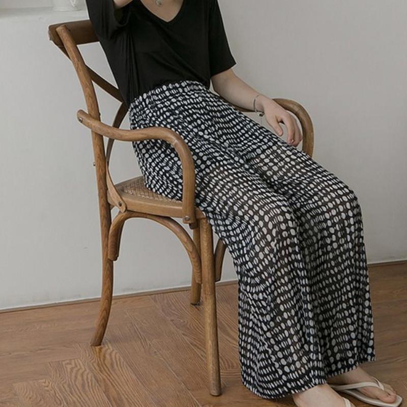 Polka Dot Wide Leg Pants Women's Summer Thin Lazy Ice Silk Casual Cool Sun Protection Beach Floral Chiffon Strolling Pants