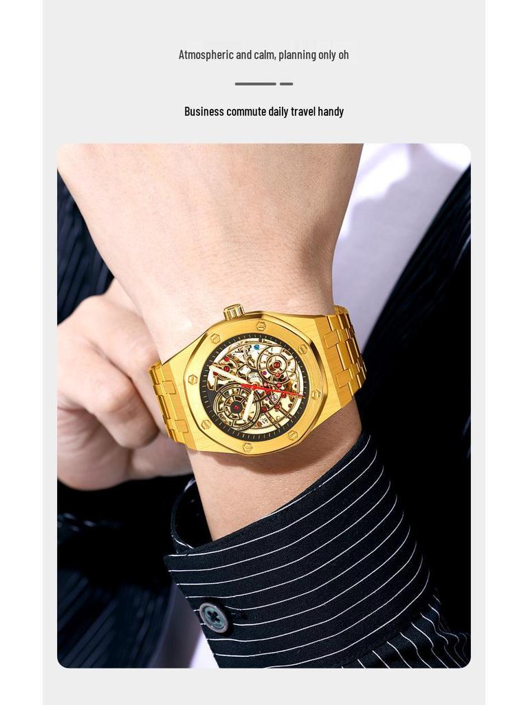 Men's Luxury Stainless Steel Skeleton Mechanical Watch with Large Dial, Fully Automatic Design