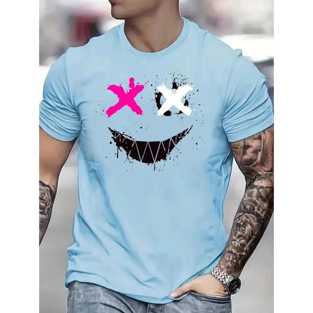 Cross Eyes Smile Face Print, Men's Graphic T-shirt, Casual Comfy Tees Tshirts for Summer, Men's Clothing Tops