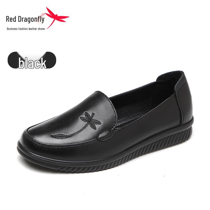 Red Dragonfly Women's Genuine Leather Slip-On Shoes - Comfortable Soft Sole for Spring, Ideal for Middle-Aged & Elderly