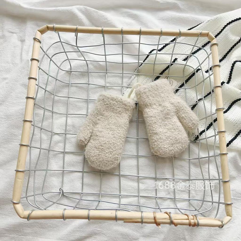 Baby Gloves Ins Soft Glutinous Waxy~ Korean Simple Solid Color Plush Baby Winter Thickened Warm Neck Bag Finger
