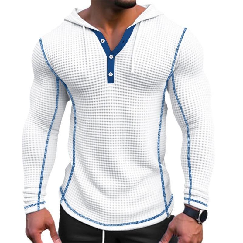 Men Waffle Knit Hooded Henley Shirt Vacation Long Sleeve T Shirt Casual Fashion Style