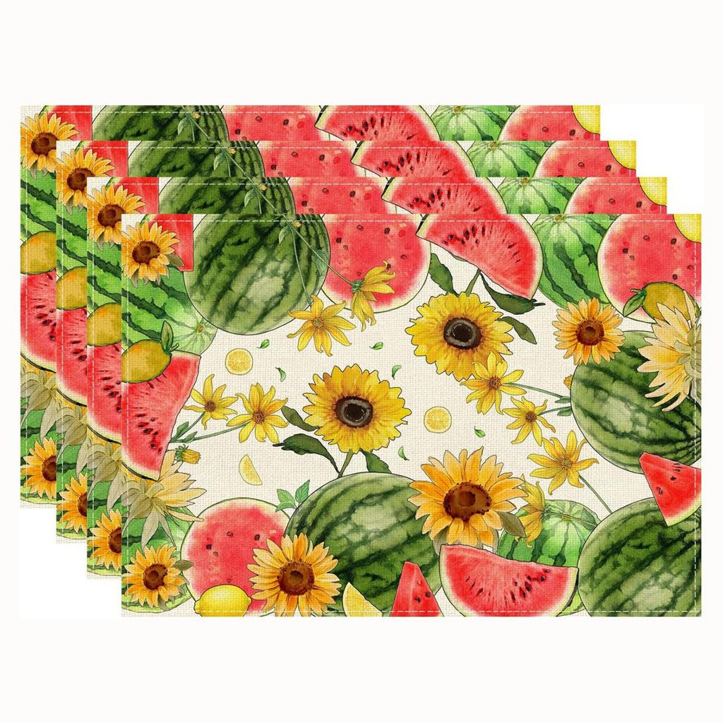 4-Piece Summer Lemon Print Linen Placemat and Napkin Set, Heat and Stain for Kitchen Dining, 430cm