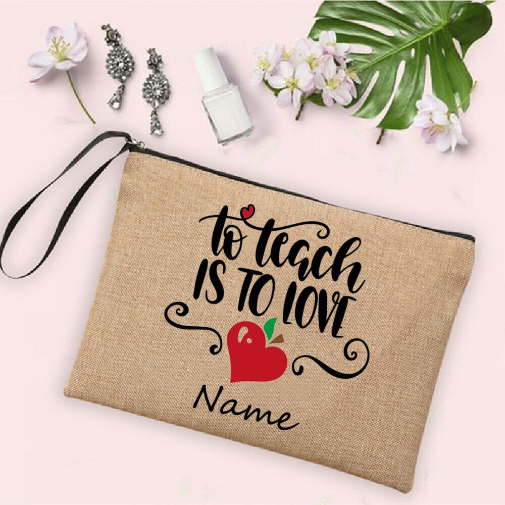 Rainbow Teacher Pencil Case Personalized Custom Name Linen Stationery Supplies Storage Bags Travel Neceser Makeup Bag Best Gifts
