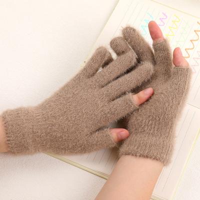 Touchscreen Fleece Gloves for Women Winter Warmth Student Finger-Exposing Gloves Outdoor Two-Half-Finger Thick Writing Gloves