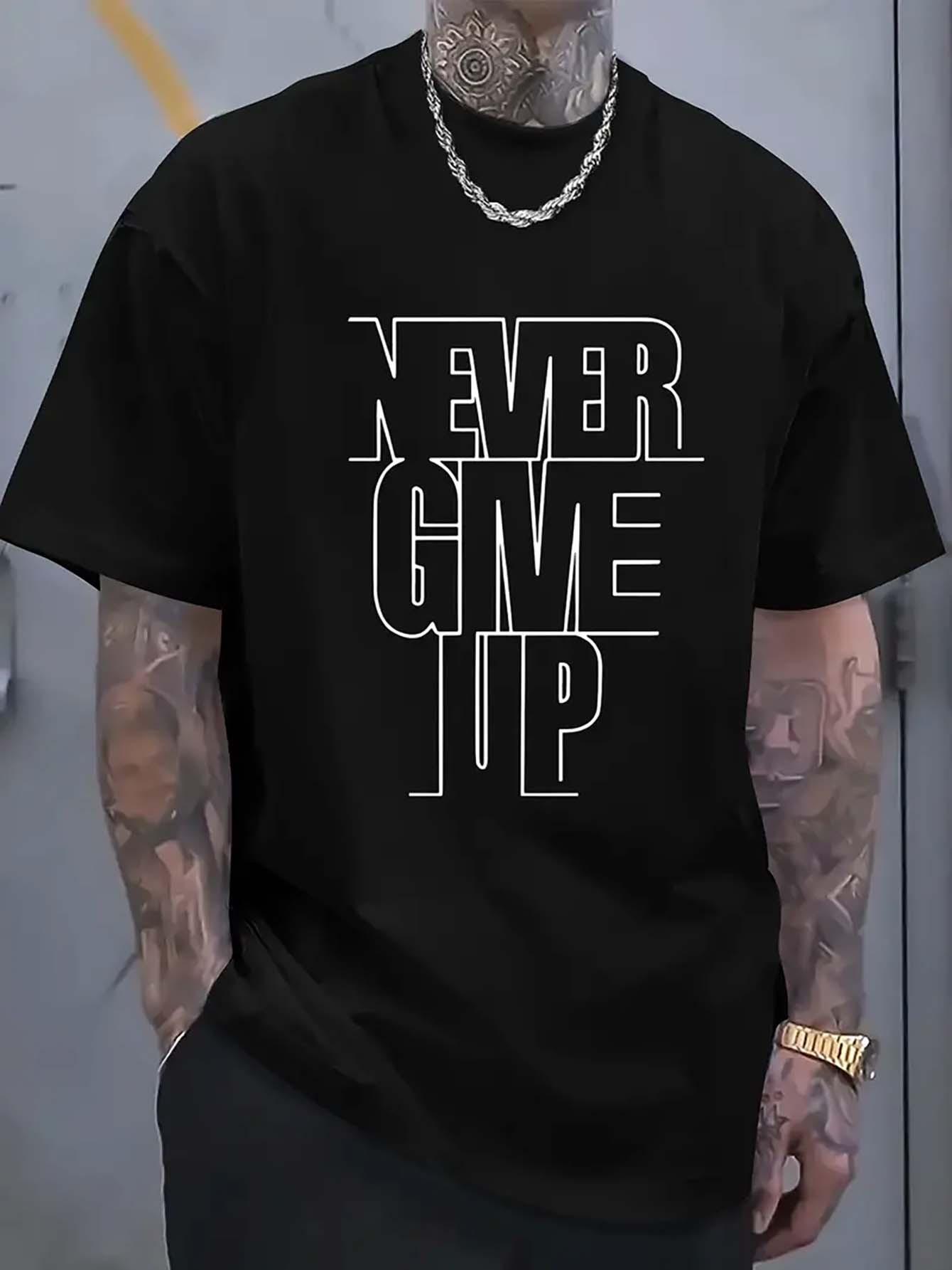 NEVER GIVE UP Motivational T-shirt - Black with White Bold Lettering - Soft Breathable Cotton Tee for Gym XL