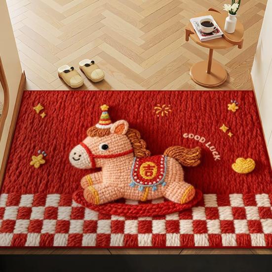 2026 Cartoon Horse Rug Year of The Horse Red Floor Mat Non-Slip Absorbent Entrance Rug Cute Horse Doormat for Bathroom Bedroom New Year Decoration