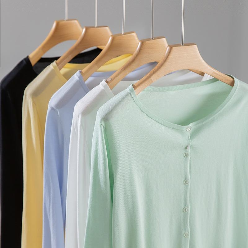Single-breasted knitted cardigan women's summer new Tencel sunscreen lazy casual round neck long-sleeved top jacket