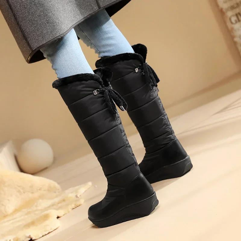 White Warm Fur Waterproof Women Knee High Snow Boots Black Down Vacation Party Lady Back Lace-up Wedge Platform Heels Long Boots