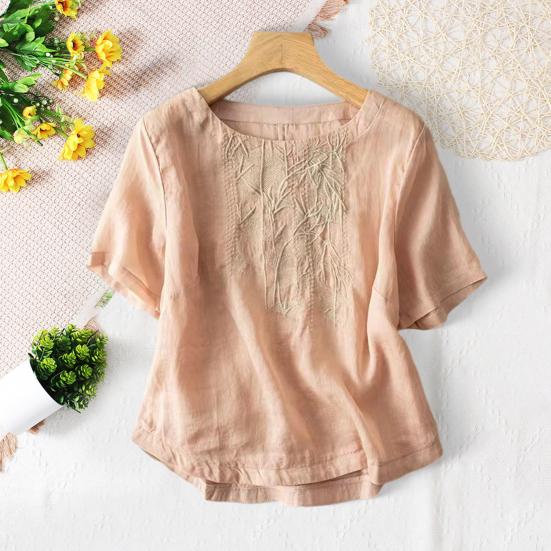 Women Tops Round Neck Short Sleeve Embroidery Bamboo Pattern Tee Shirt Solid Color Loose Fit