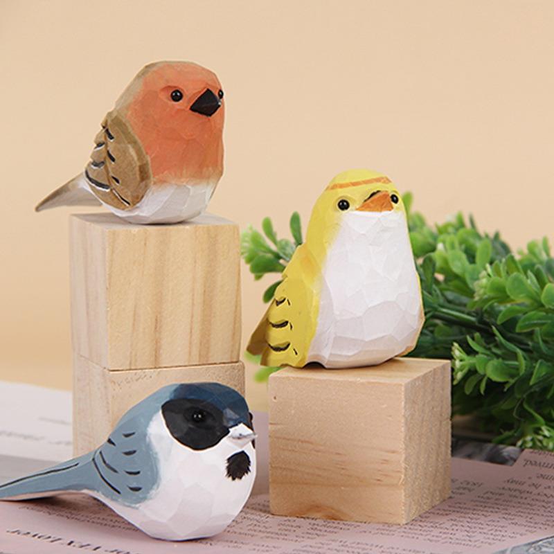 Cute Wood Carving Bird Handmade Mini Small Bird Ornament Carving Nordic-Style Wooden Bird Figurine Children'S Toys