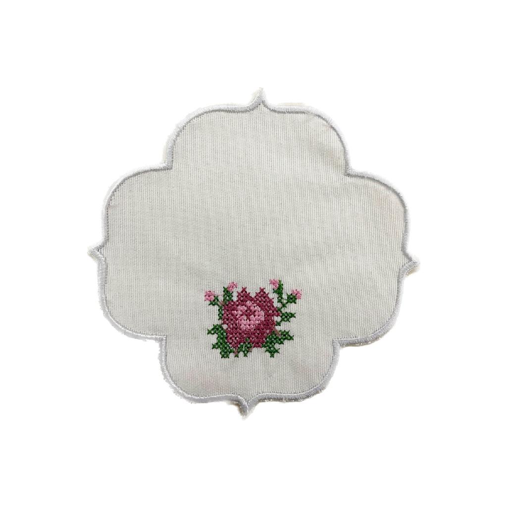 6-teilige, mit Kreuzstich-Rosen bestickte blaue Leinen-Präsentationsserviette