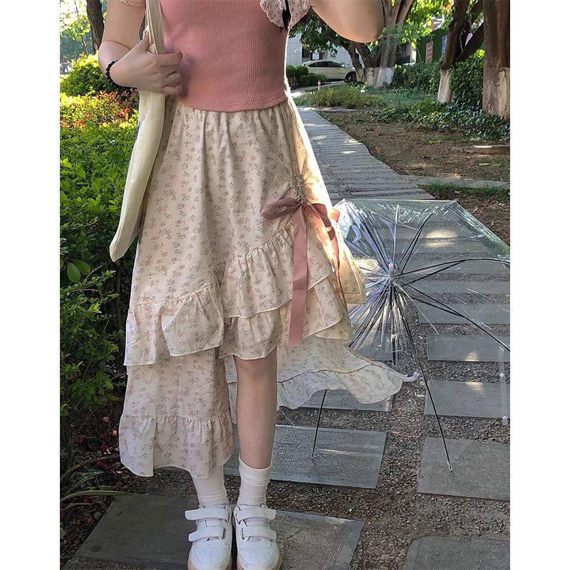 zZZZ Floral Bow Drawstring Midi Skirt - Irregular Hem, High Waist A-Line for Petites, Girly Style