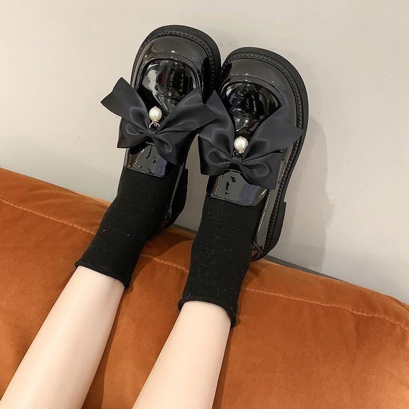 Black Round Toe Loafers Shoes for Women With Bow Low Heel Elegant Woman Pumps High Quality 39 Chic Point Popular Young Y2k Shoe