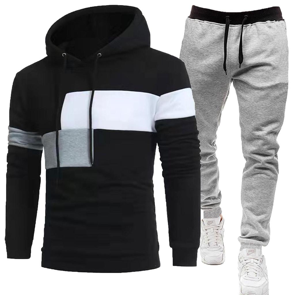 2024 Men's 3-Piece Fleece-Lined Patchwork Hoodie Sportswear Set
