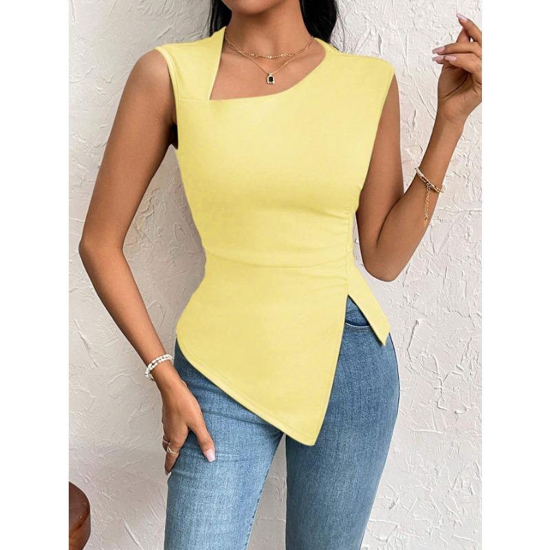 DAFIFY Women's Fashion Casual Summer Spring Solid Color Print Sleeveless Oblique Collark Blouses & Shirts