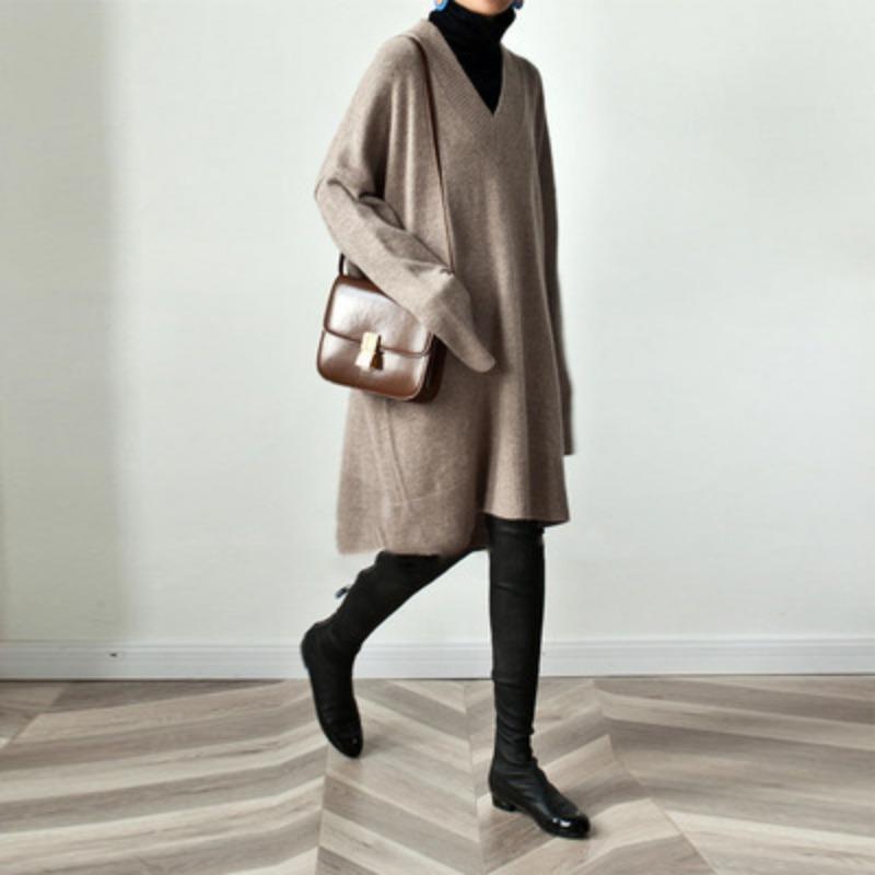 Autumn and winter new collar knitted sweater medium and long loose sweater women's pullover thick plus top