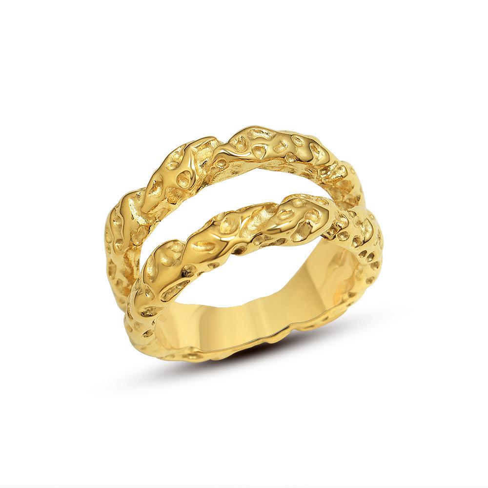Brand European and American Inspired Versatile Double-Layer Hammered Tin Foil Ring - Non-Fading 18K Gold Titanium Steel Pinky Ring
